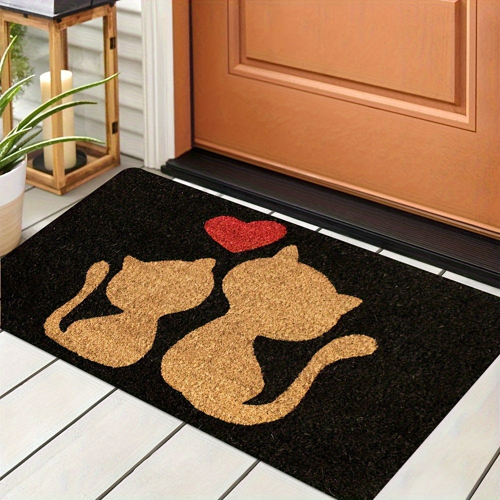 Heart Design Doormat with Cute Cat, Easy to Clean, Machine Washable, Rectangular Rug for Entryway