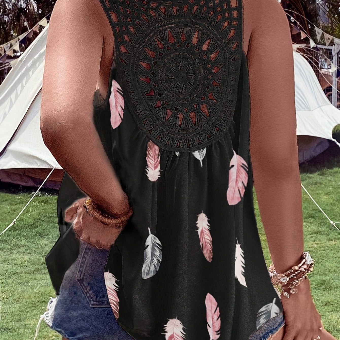 Chaleco sin mangas de mujer con escote en V, patrón de tejido, encaje, flores y volantes