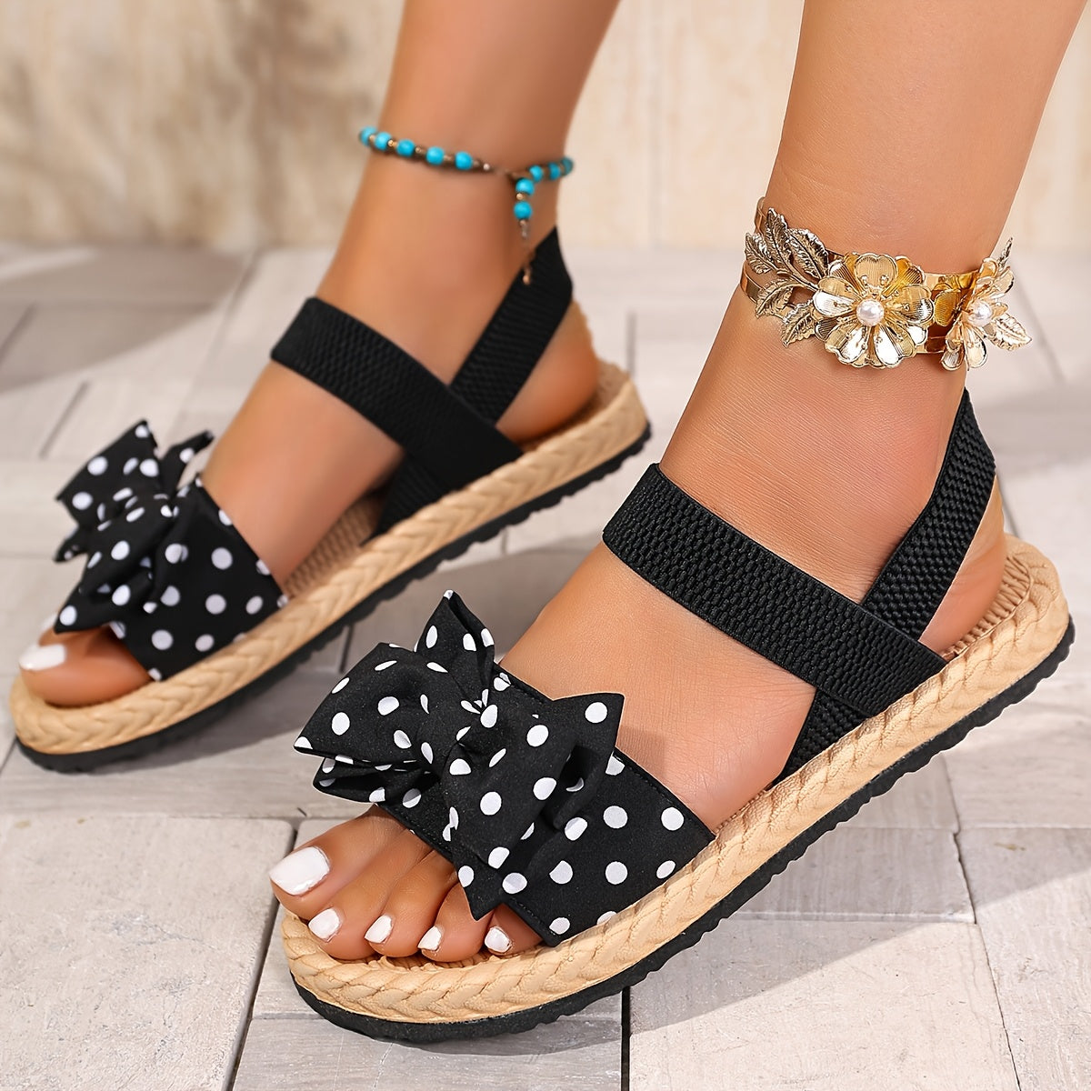 Women's Black Bow Slide Sandals, Rubber Sole, Comfortable Open-Toe