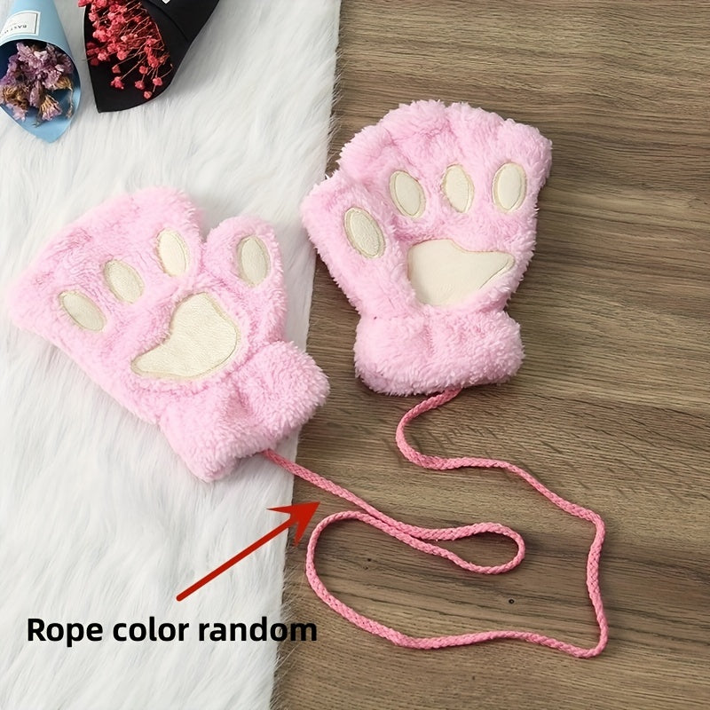 Thickened Half-Finger Winter Gloves with Cartoon Cat Paw Design for Warmth and Touchscreen Use