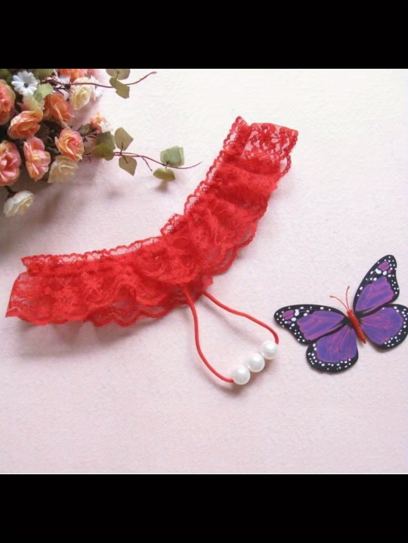 Black Lace Thong with Faux Pearl Accents for Seduction Lingerie