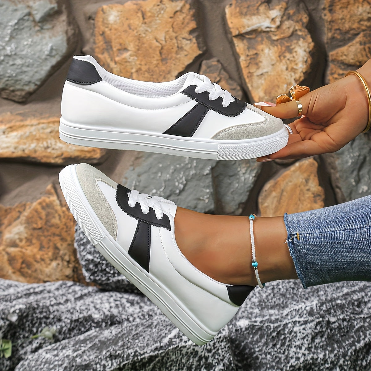 Women's Casual White Sneakers with Color Block Design and Lightweight Sole