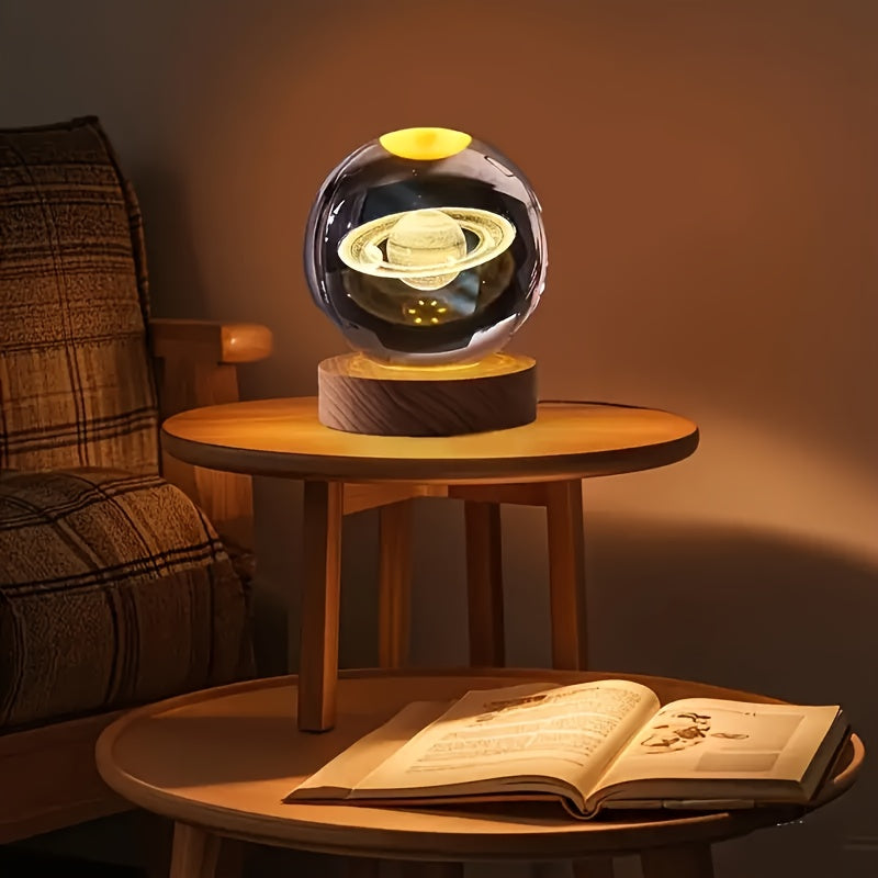 3D Crystal Ball with Solar System and Moon Engraving USB Powered Space Decor for Home Office