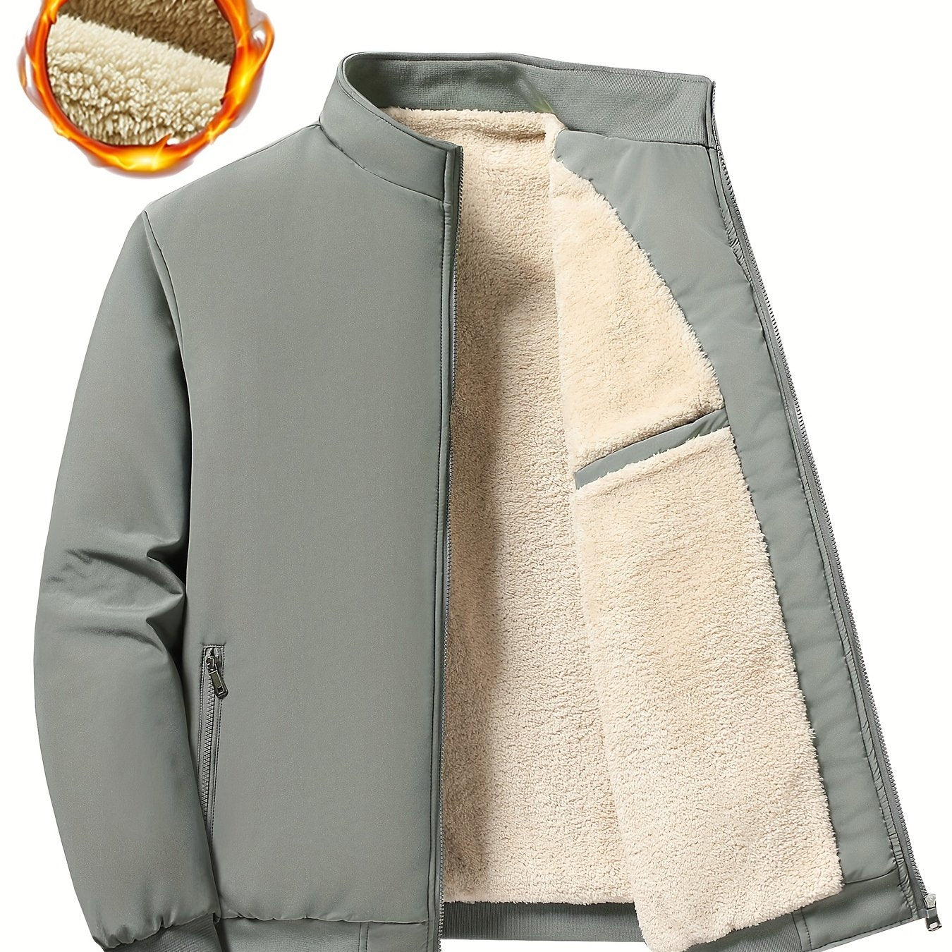 Men's Fleece Jacket Solid Band Collar Plus Size Casual Winter Warm Outerwear