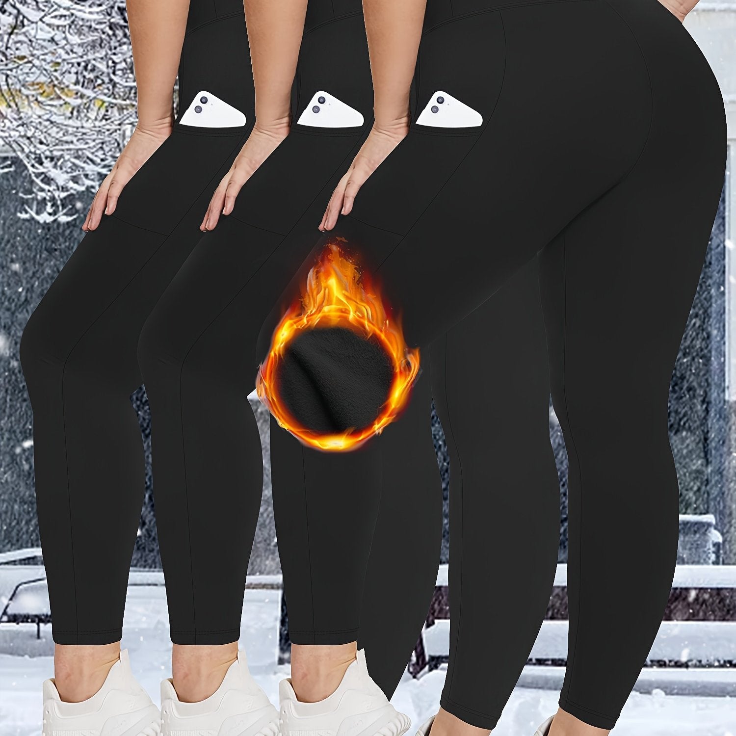 Plus Size Women's Fleece Lined Yoga Leggings Set with Phone Pockets