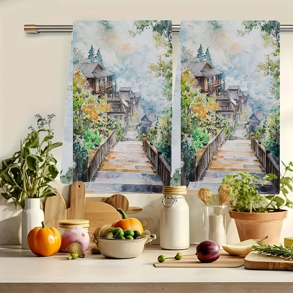 Set of 2 Ultra Soft Kitchen Towels, Scenic Design, Absorbent, 40x60 cm