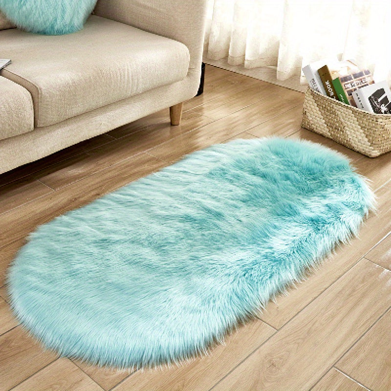 Oval Faux Sheepskin Rug Plush Shaggy Carpet Machine Washable Bedroom Living Room