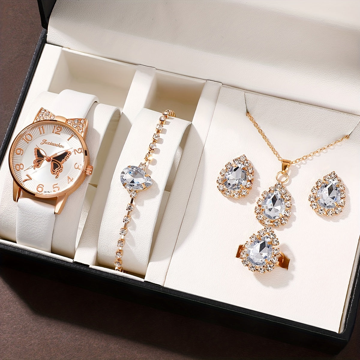 Women's Watch and Bracelet Set with Crystal Detailing and Faux Leather Strap
