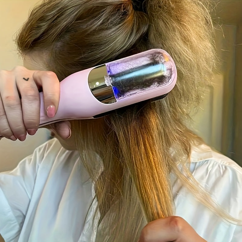 Stylish pink wireless hair trimmer for removing damaged hair and color treatment