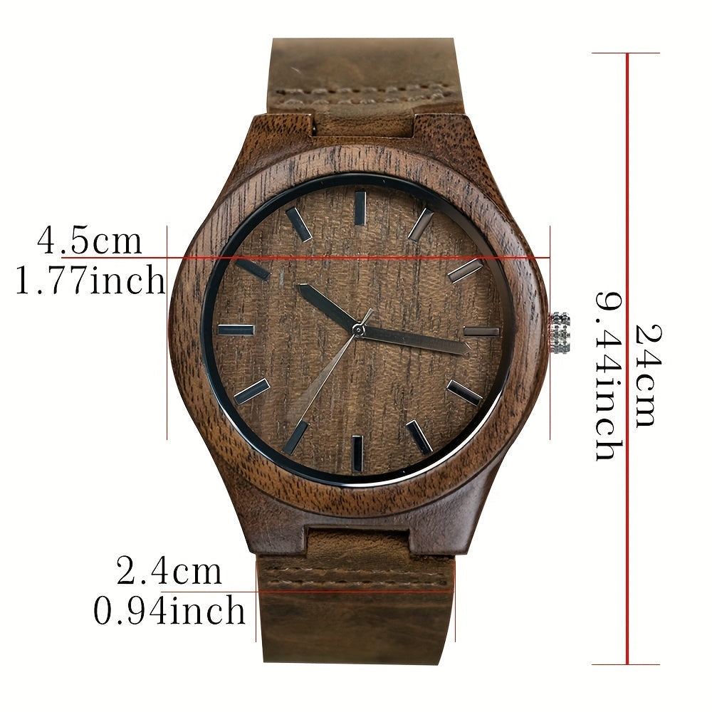 Men's Natural Walnut Wood Wrist Watch with Leather Band Gift Idea
