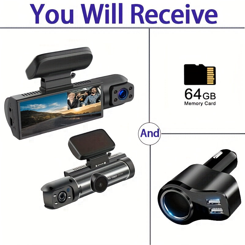 Upgraded Car Dash Camera with 64G Memory Card Night Vision Dual Front Interior Recording