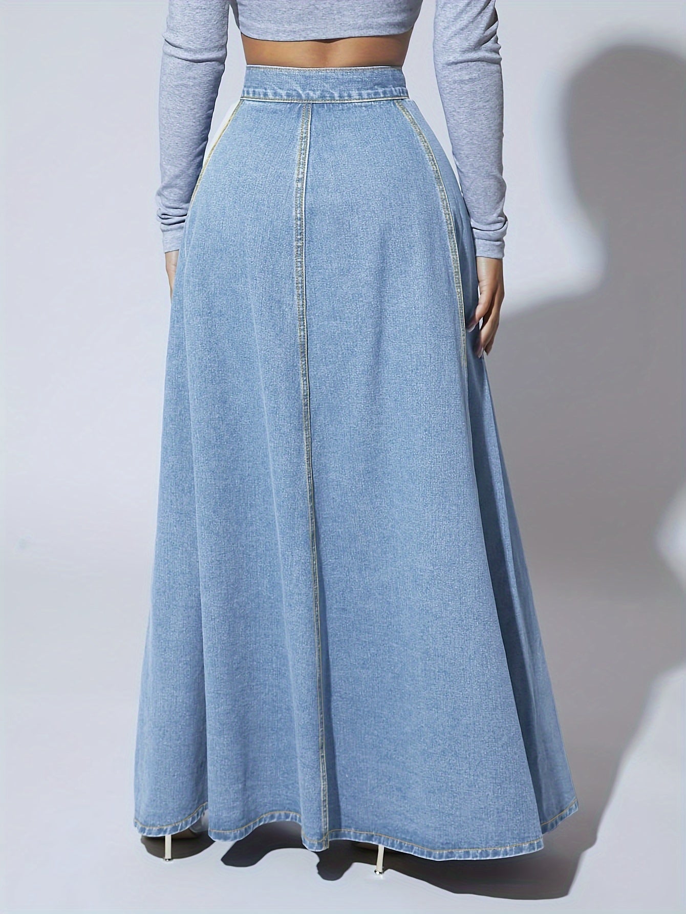 Women's High-Rise Washed Blue Denim Flared Skirt for Tall Individuals