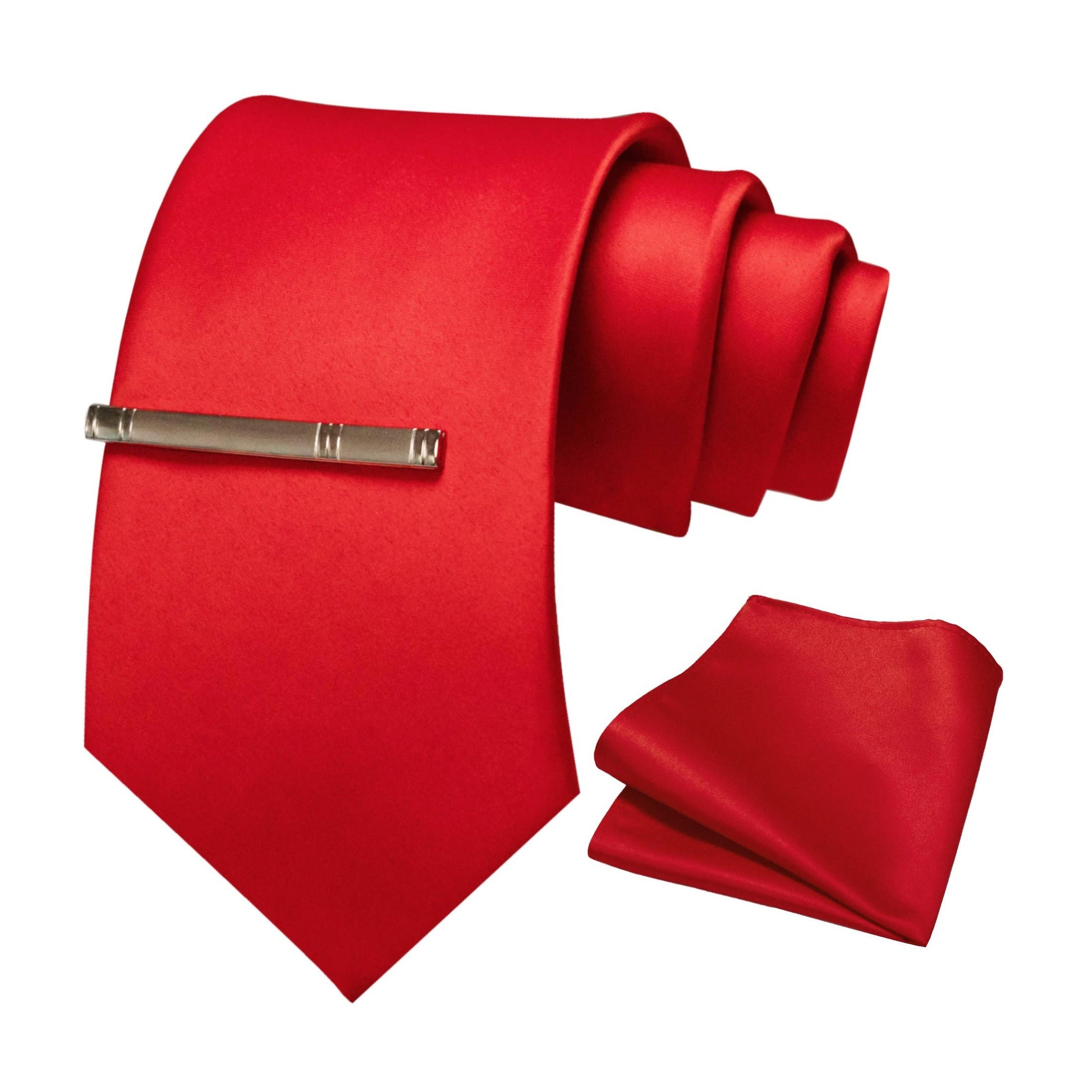 Men's Solid Color Tie and Pocket Square Set with Tie Clip for Business and Wedding