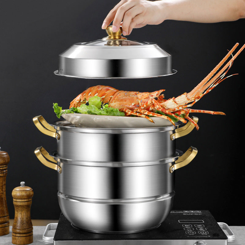 Stainless Steel Double Layer Steamer Pot 27.94cm with Multi-Tiered Dumpling Insert