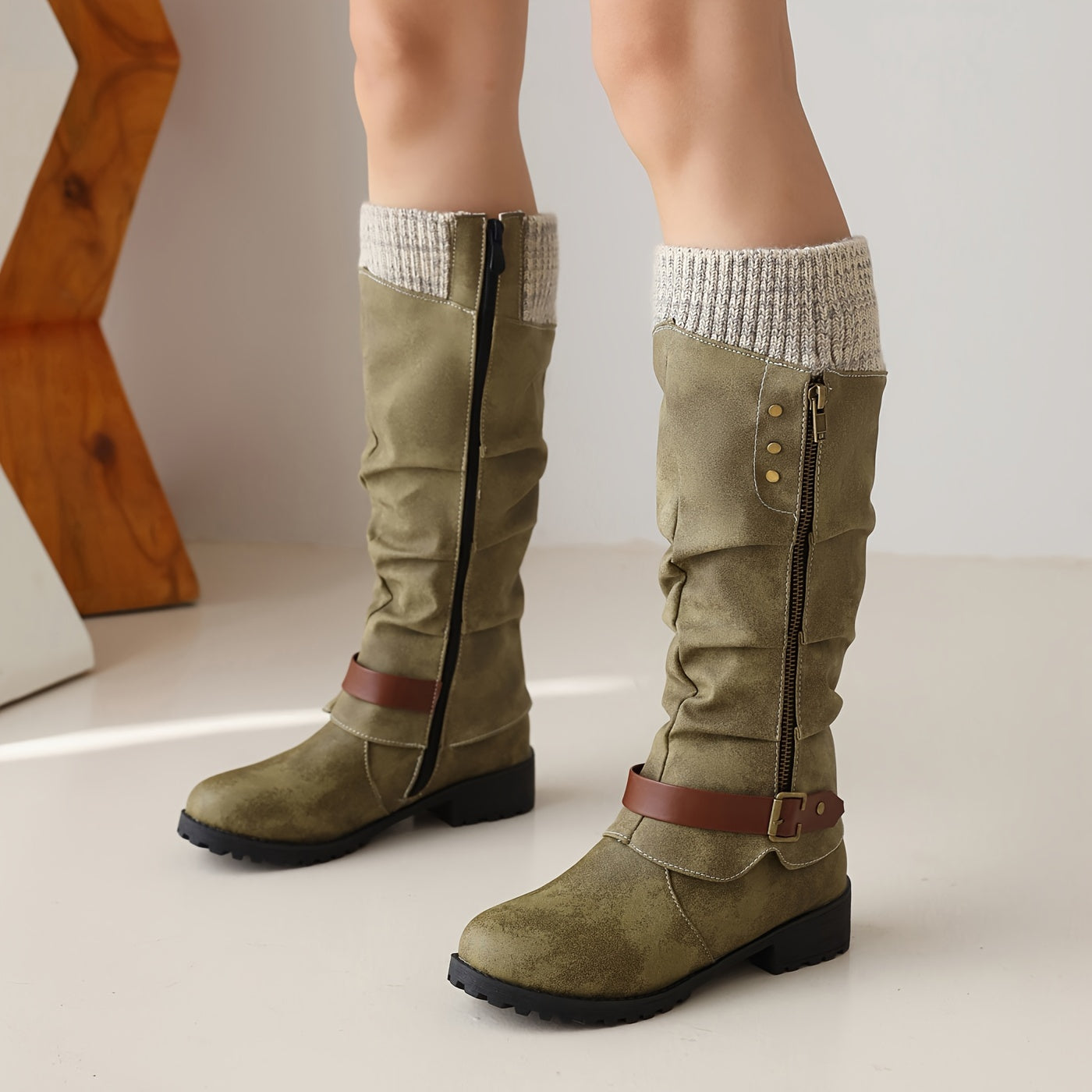 Women's Knit Woven Mid-Calf Boots with Side Zipper and Block Heel