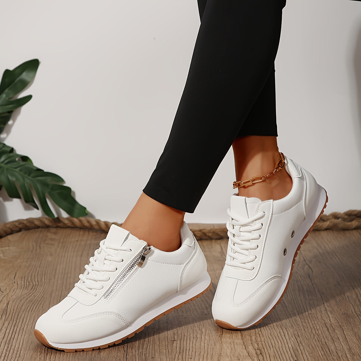 Women's White Faux Cover Sneakers with Zipper, Breathable, Non-Slip