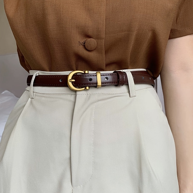 Women's Faux Leather Belt Retro Style Gold Buckle Solid Color Waistband for Jeans