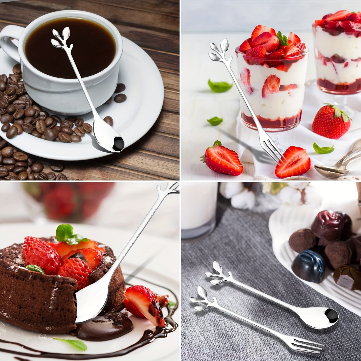 Set of 7 Coffee Spoons with Swan Base Stainless Steel Leaf Forks Mirror Finish