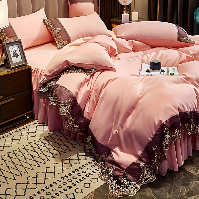 Lace Bedding Set with Quilt Cover and Pillowcases in Multiple Colors Solid Pattern All-Season Polyester