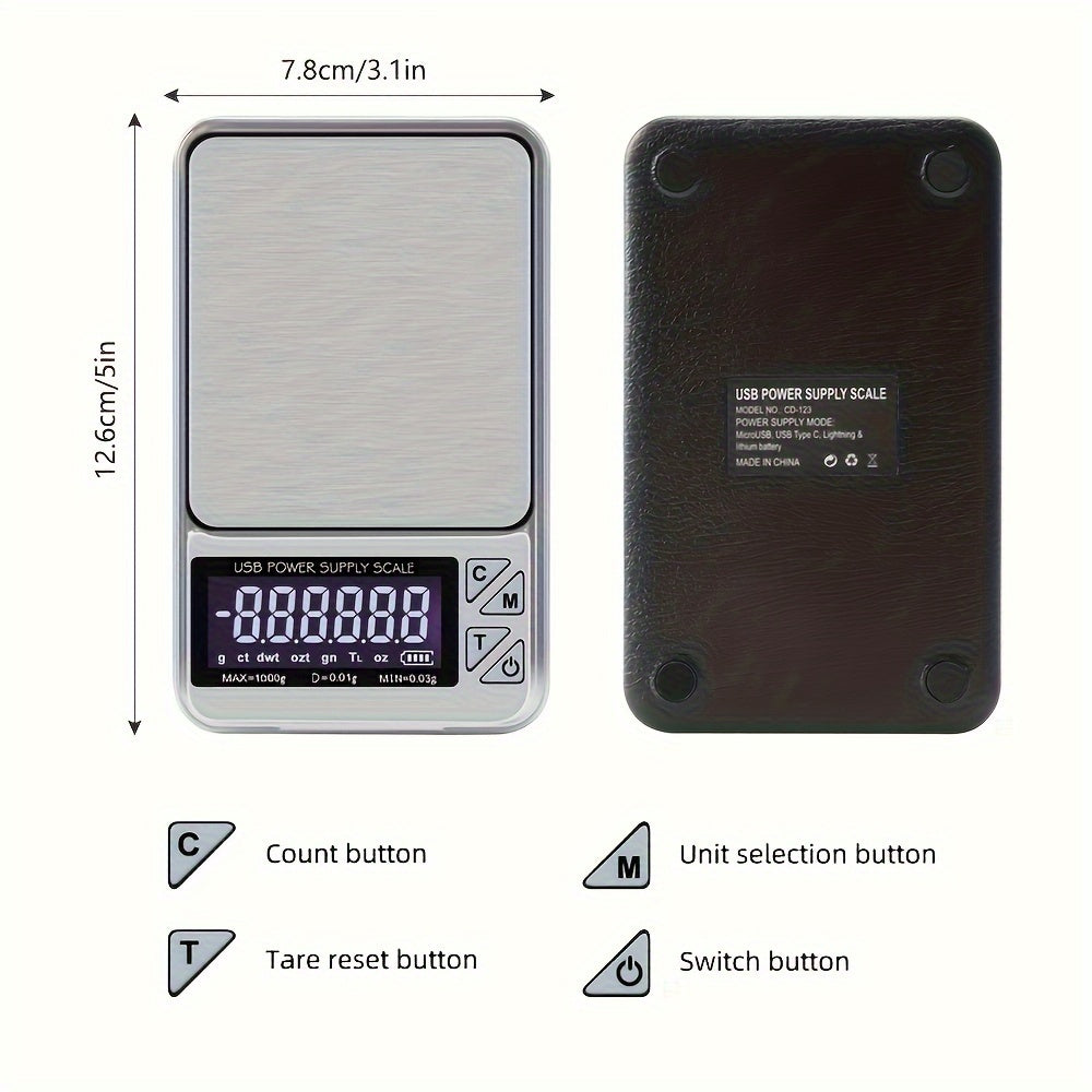 Stainless Steel Jewelry Scale Digital Display 1000g 0.01g Accuracy Rechargeable