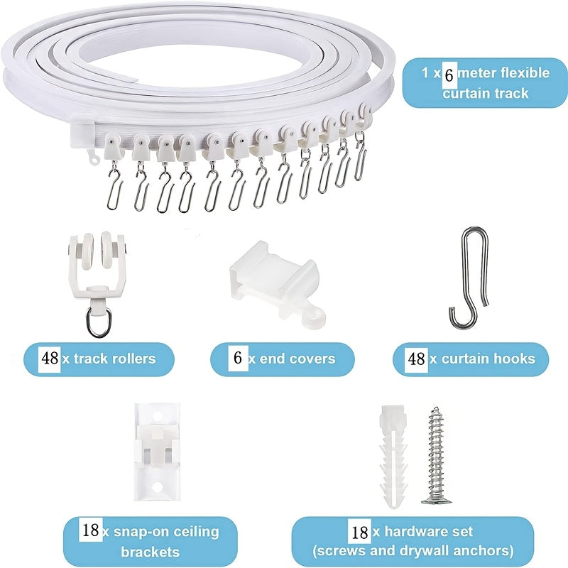 White Plastic Bendable Curtain Track Kit with Metal Hooks for Bedroom 1m to 8m