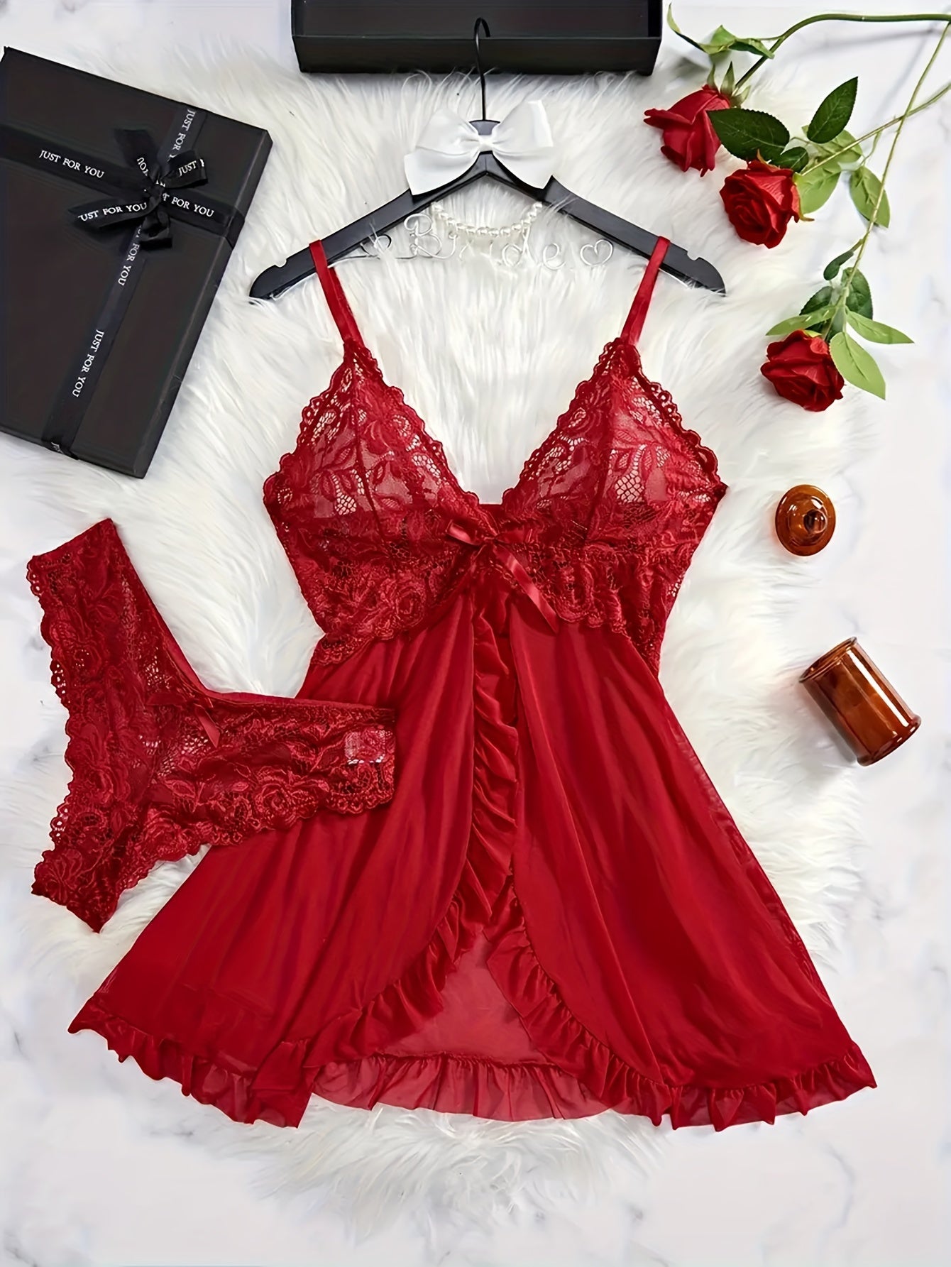 Women's Sheer Lace-Trim Backless Sleep Dress with Ruffle Hem and Thong Set