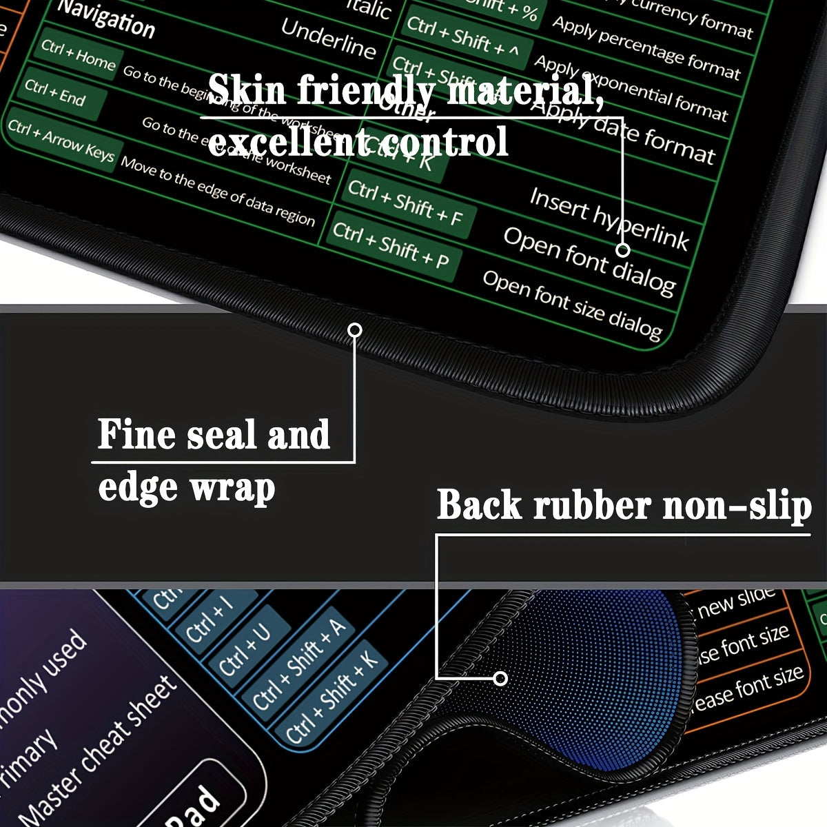 Alfombrilla de ratón extragrande extendida con accesos directos impresos para Word PPT Excel antideslizante y lavable para oficina y juegos