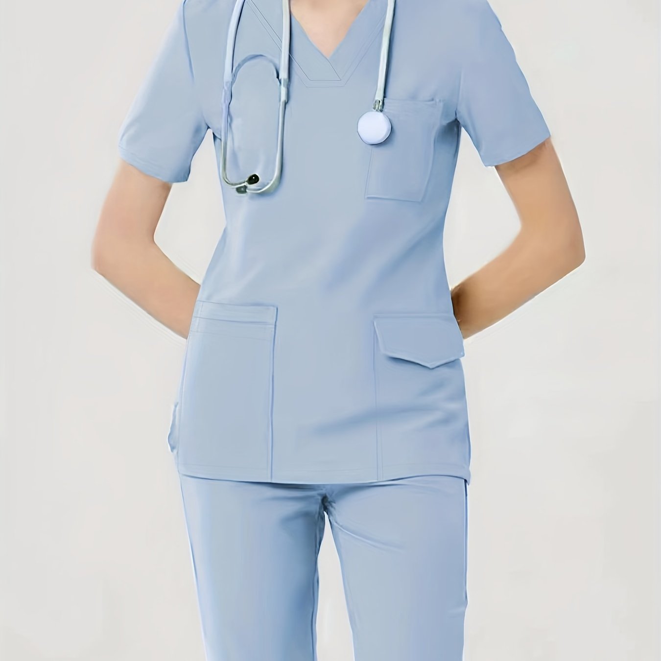 Women's Health Care Uniform Set V-Neck Top with Pockets and Solid Pants
