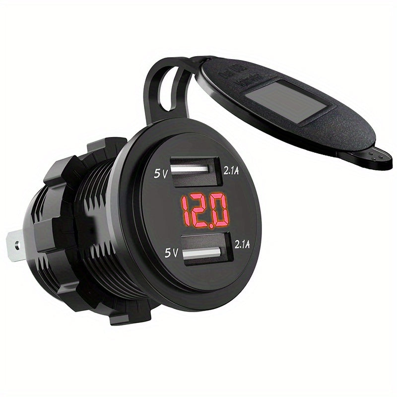 Dual USB Car Charger with Voltmeter for Boats and Motorcycles Black