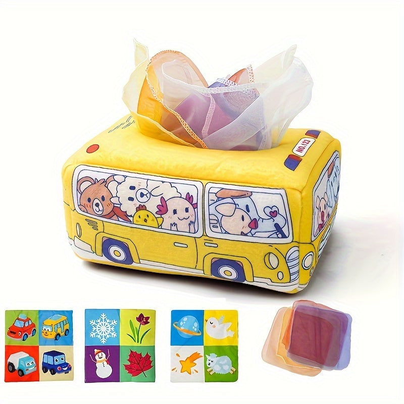 Yumshoq mato bolalar uchun tissue qutisi o'yinchoq, sezgirlik o'yini uchun, krinkli ovozli, ko'p rangli transport vositasi, 0-3 yosh