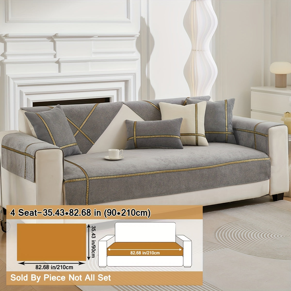 Серый чехол на диван из шенилля с золотой плетеной отделкой, противоскользящий, подходит для домашних животных, для 1-4 местных