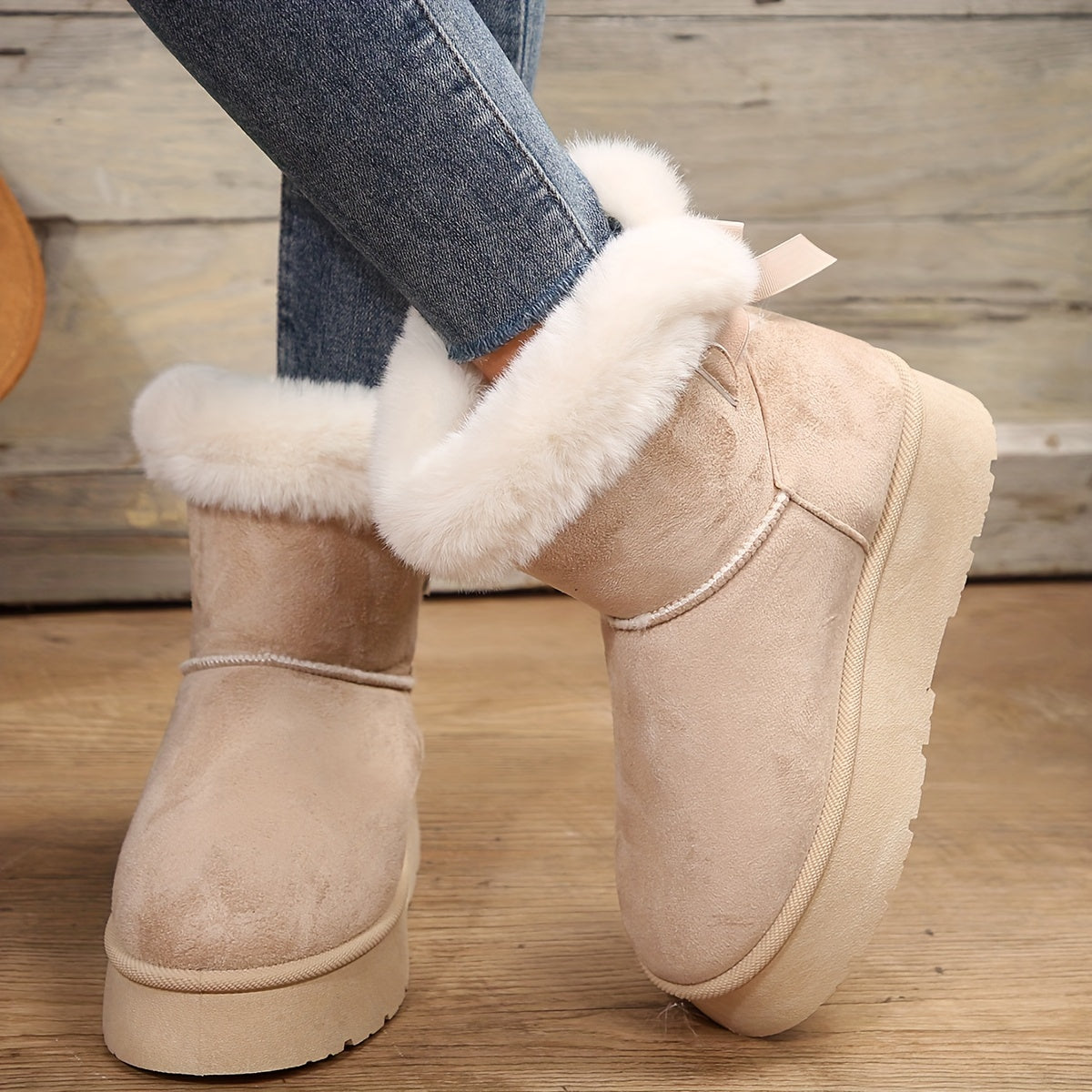 Women Fleece-Lined Mid-Calf Snow Boots with Thick Platform, Brown