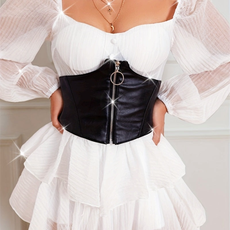 Vintage Waspie Cinch Belt with Punk Zipper Corset Design Wide Elastic Waist for Dresses Ladies