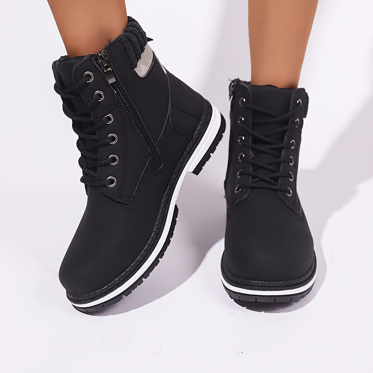 Women's Mid-Calf Ankle Boots Solid Color Flat Heel Zipper Casual Shoes