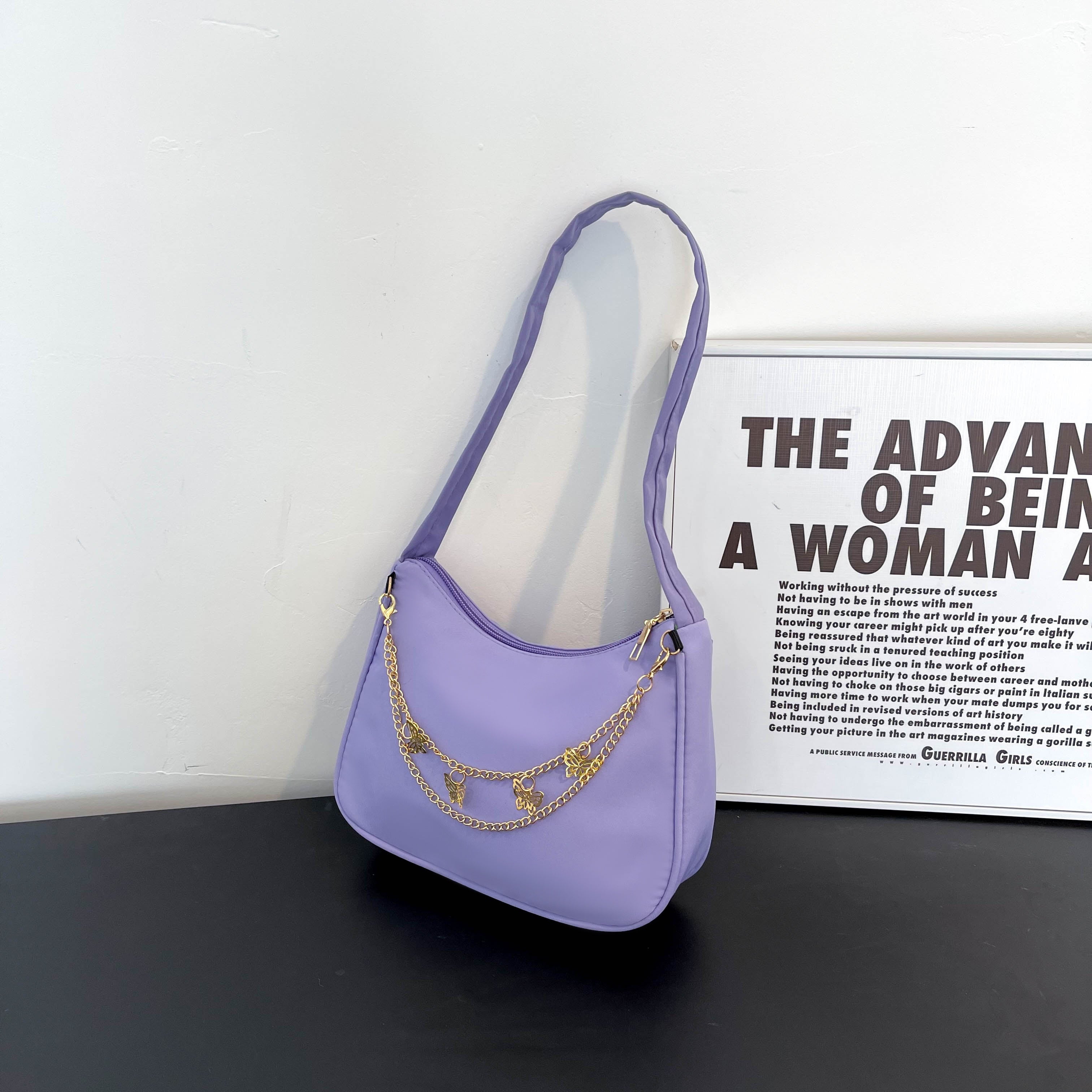 Bolso de hombro de poliéster con cierre de cremallera de cadena de mariposa para vacaciones y fiesta