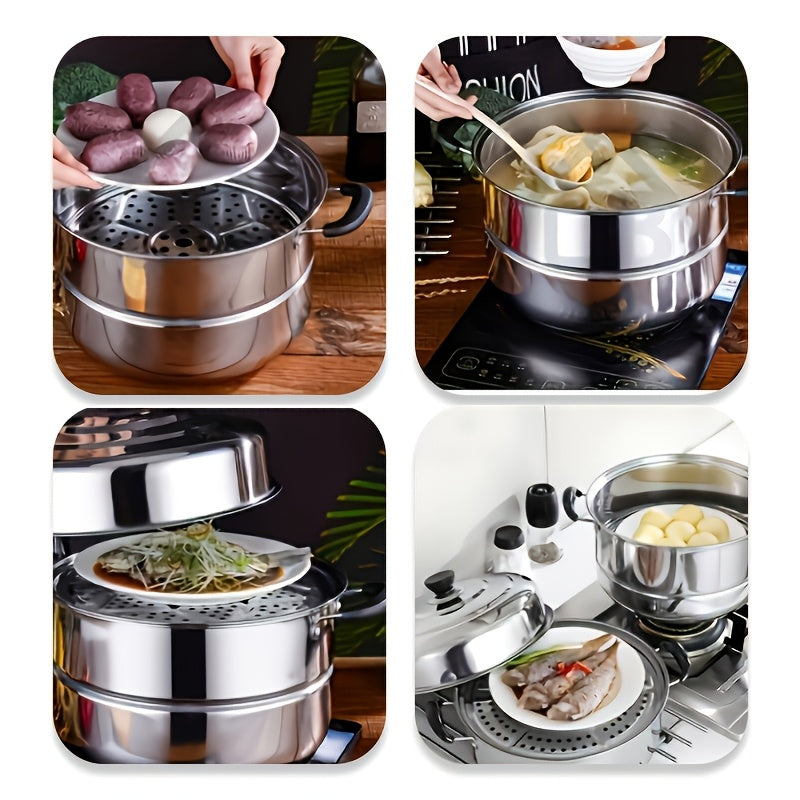 Olla de vapor de doble capa de acero inoxidable de 26cm con tapa para cocinar y cocinar al vapor