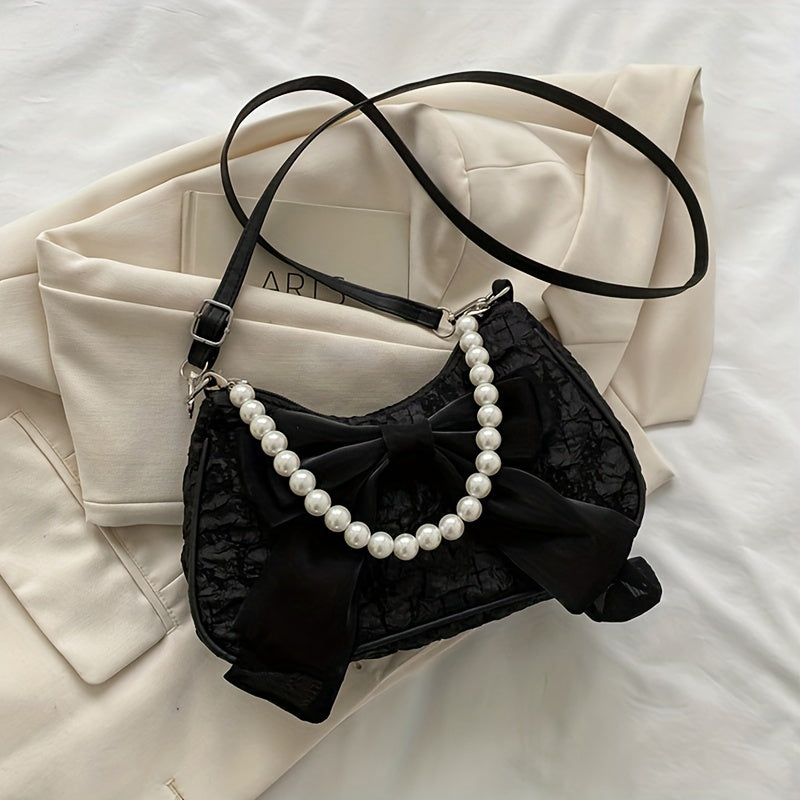 Black Crossbody Bag with Pearl Bow Zipper Closure Polyester Lining Vintage Style