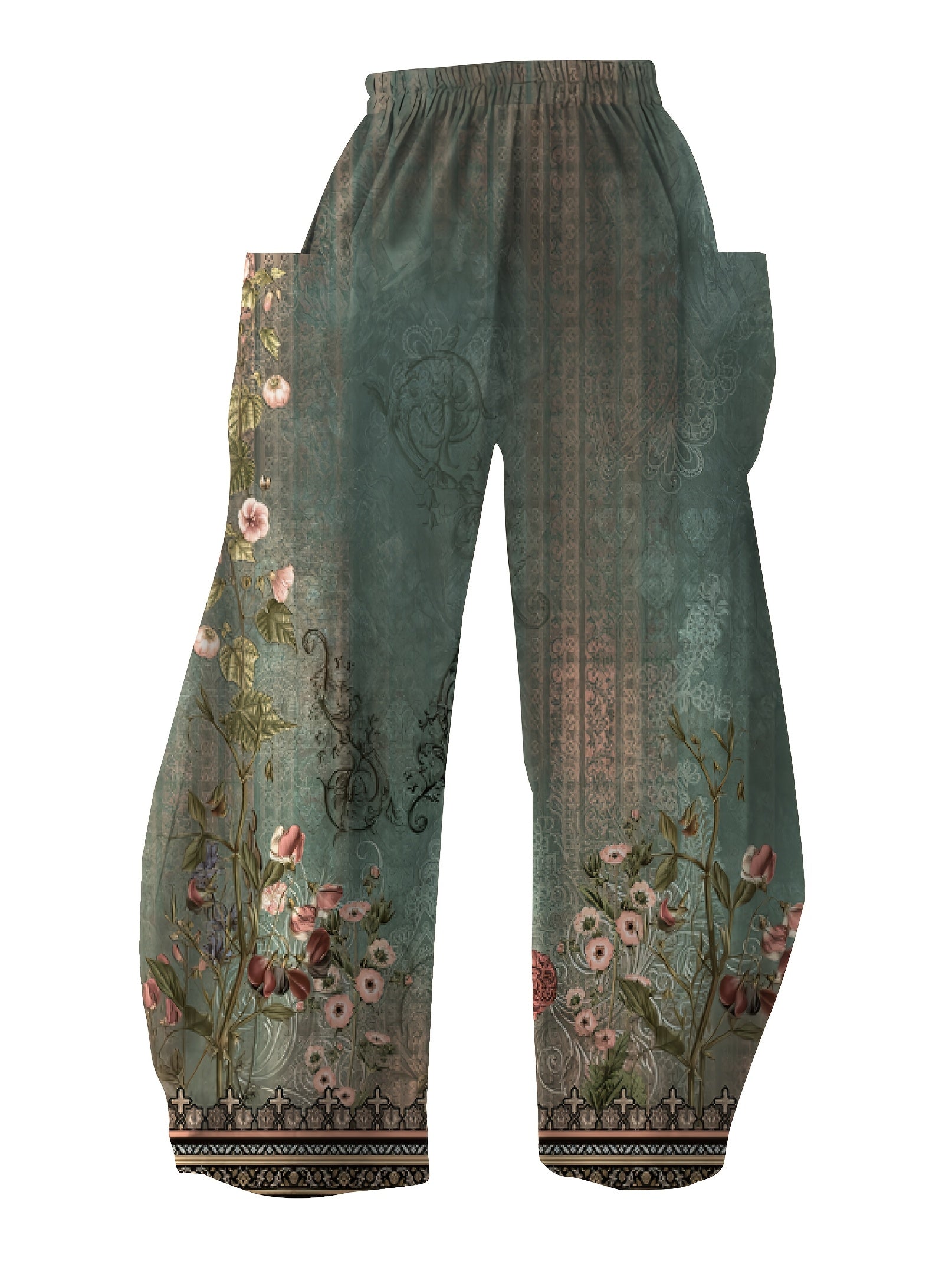 Pantalones de mujer de talla grande con piernas anchas y estampado floral con bolsillos