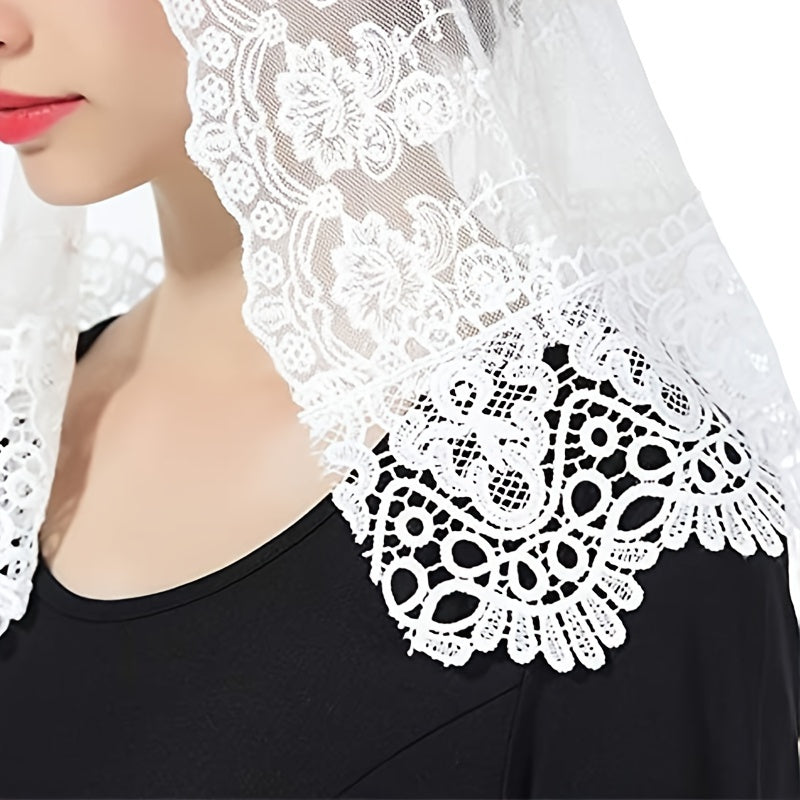 Black and White Bridal Veil with Lace Edges, Floral Mantilla Shawl