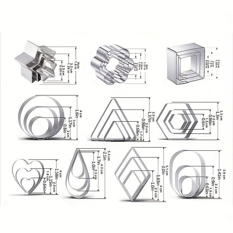 Set of 30 Stainless Steel Geometric Cookie Cutters for Baking and Pastries