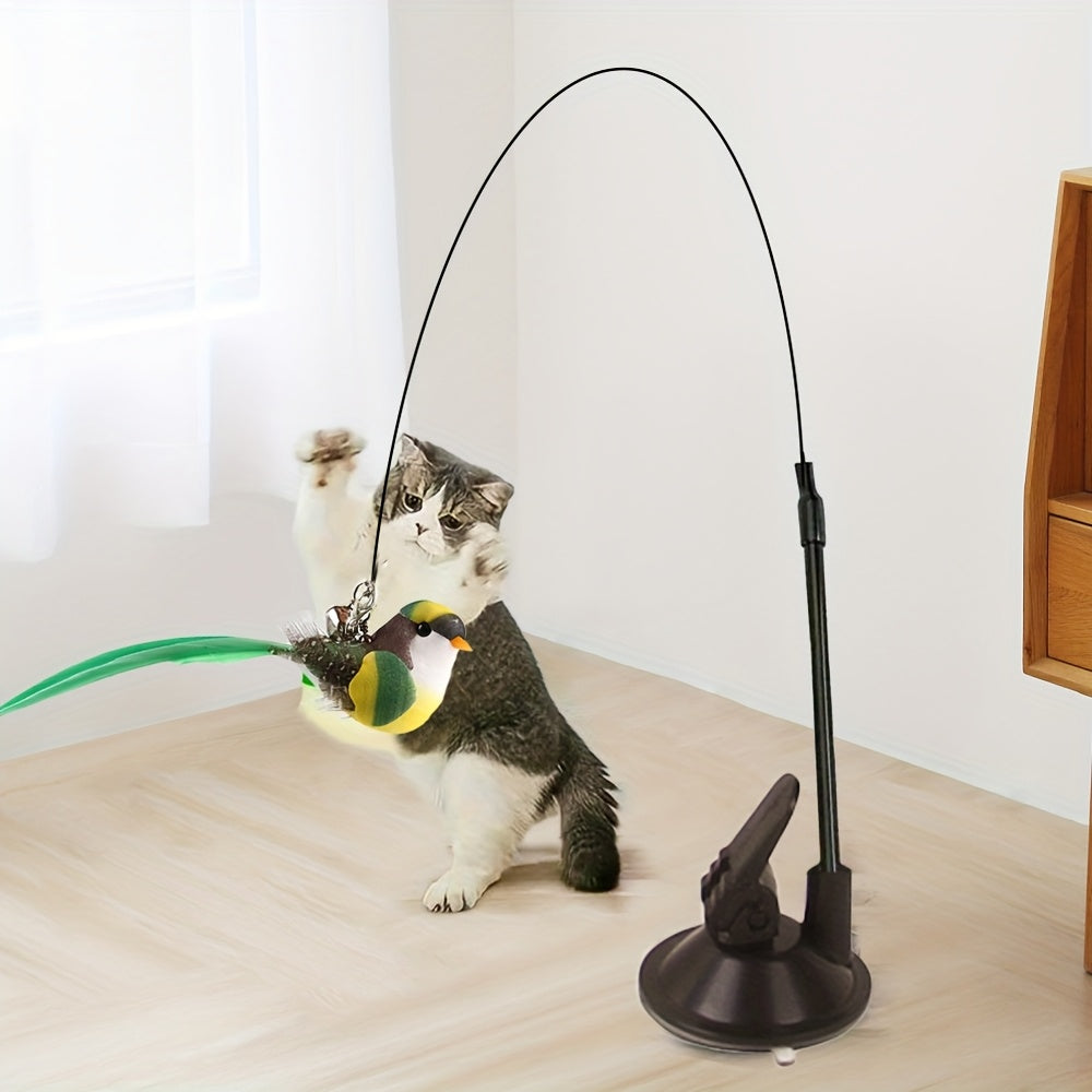 Interactive Cat Teaser Wand with Suction Cup Bell and Detachable Bird Toy