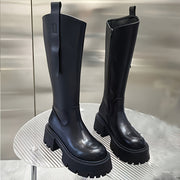 Women's Leather Chunky Heel Boots with Side Zipper and Slip-Resistant Sole