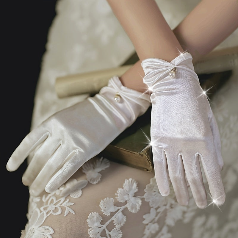 Vintage Bridal Gloves White Black Lace Faux Pearl Wedding Accessories