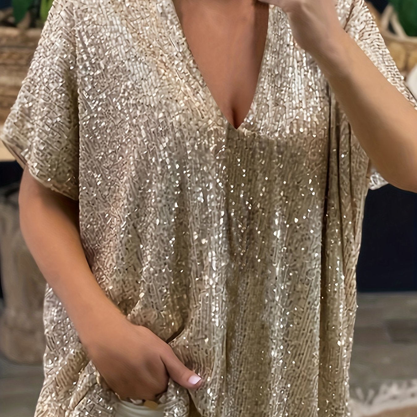 Women's Sequin V-Neck Top with Short Sleeves and Solid Color