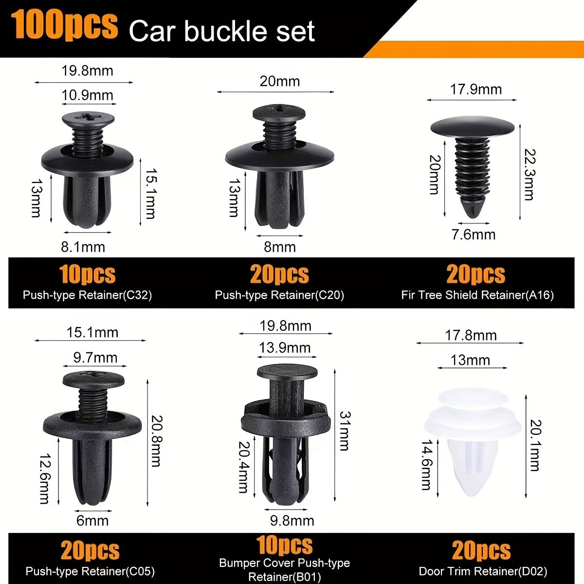 Universal Car Retainer Clips Kit Plastic Fasteners for Mud Flaps Door Panels