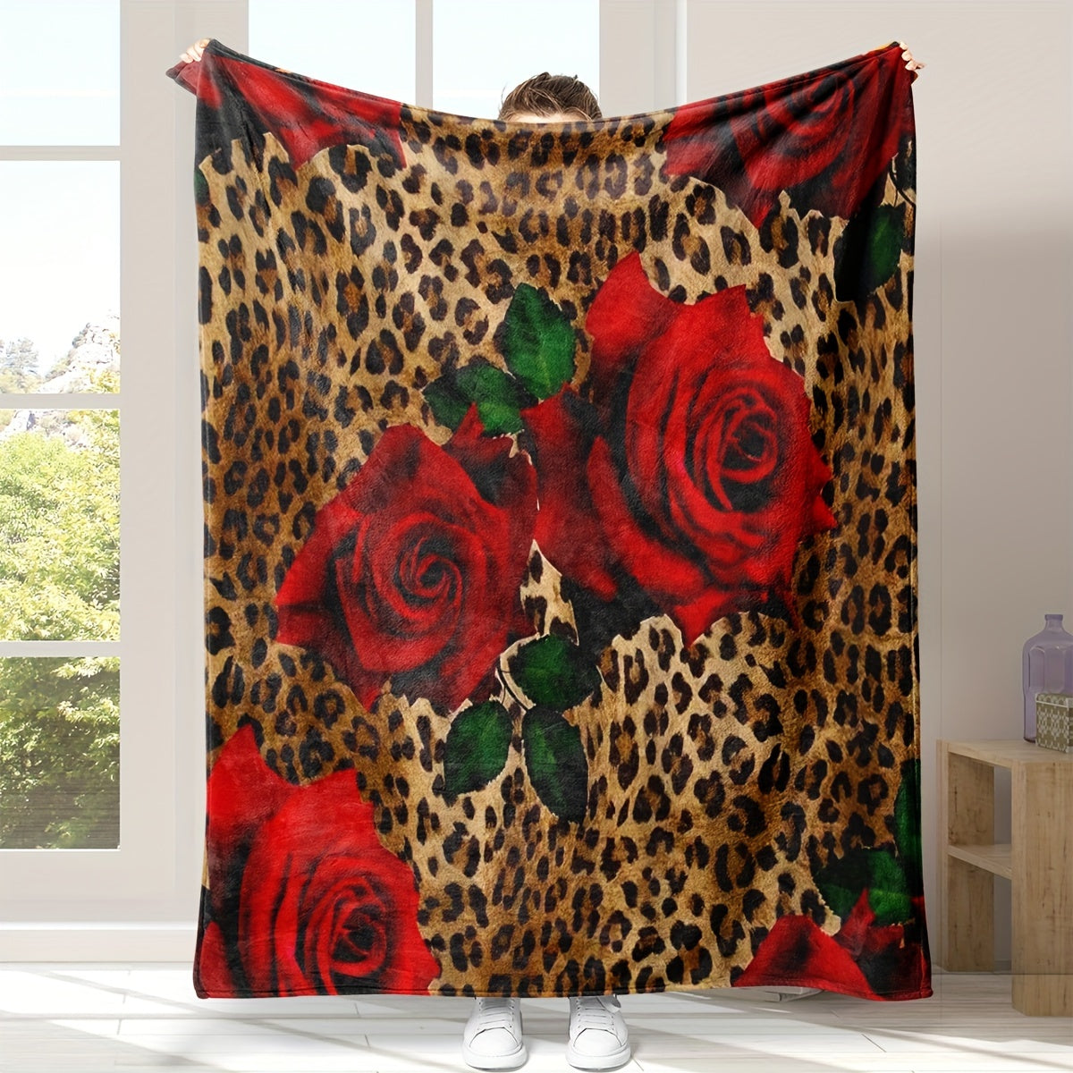 Leopard and Rose Print Flannel Throw Blanket Reversible Soft Warm for Couch Bed Travel