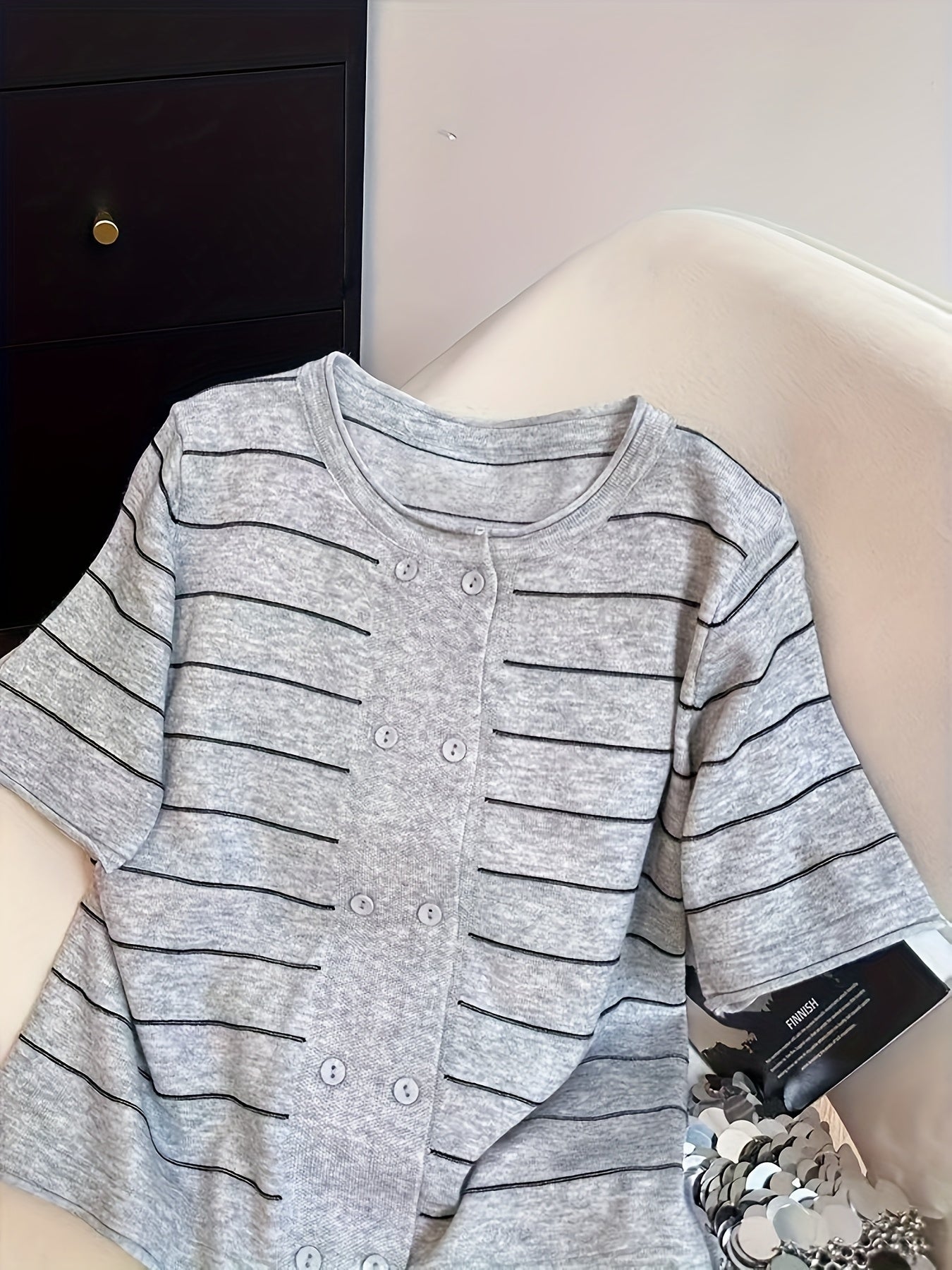 Plus Size Women's Striped Cardigan Light Gray White Short Sleeve Casual Top