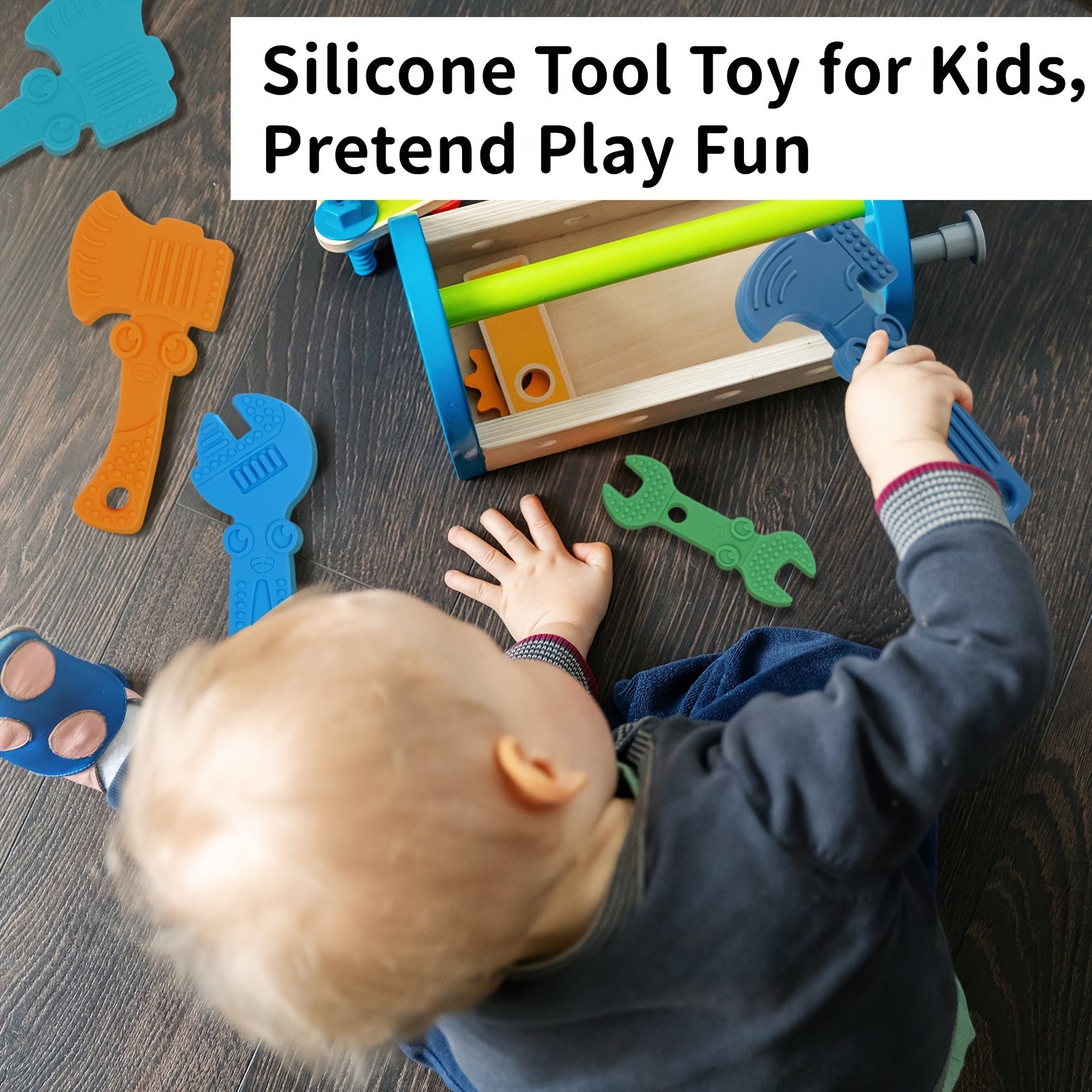 Baby Toy Set 4-Pack Silicone Tools for Toddlers Soft-Textured Hammer Wrench Spanner Pliers Gift