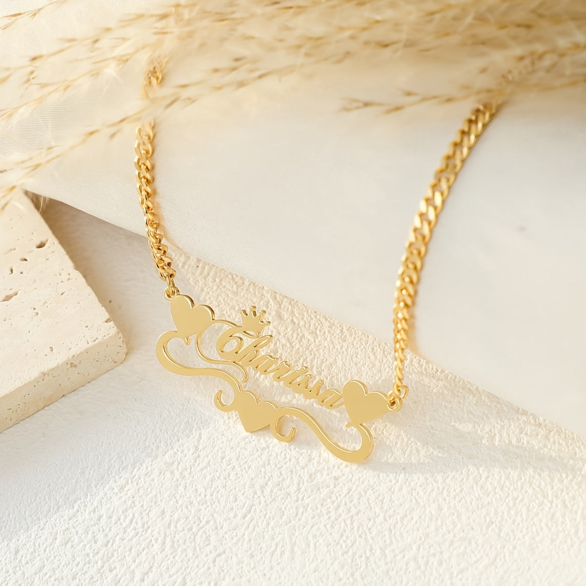 Women's Custom 4mm Cuban Link Chain Necklace with Name Pendant and Heart Ribbon Plaque