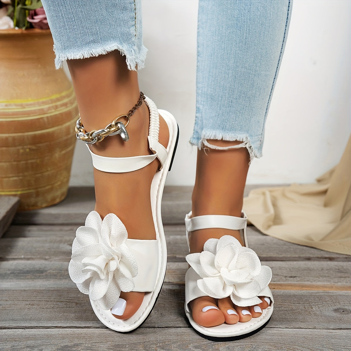 Women's Fashion Flat Strappy Sandals with Peony Flower Bohemian Beach Wear